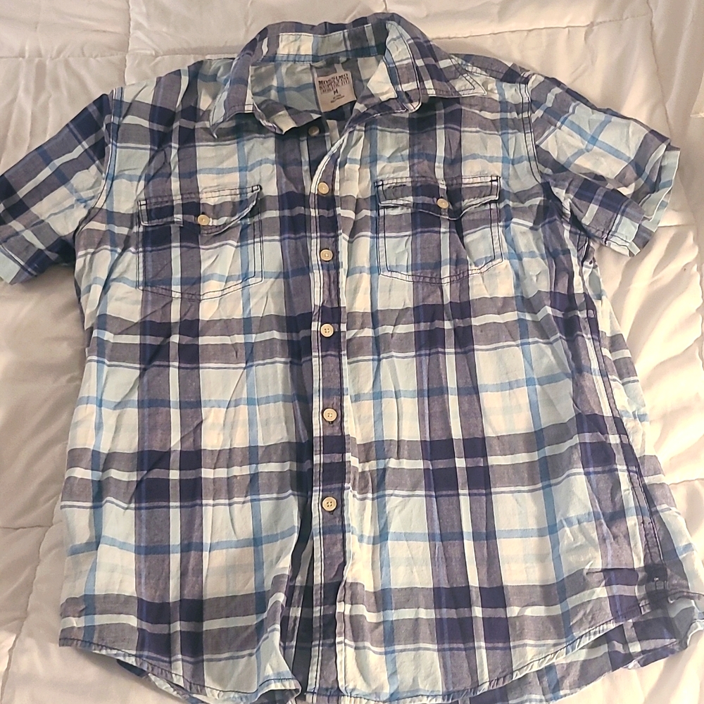 Blue, plaid, button-down shirt